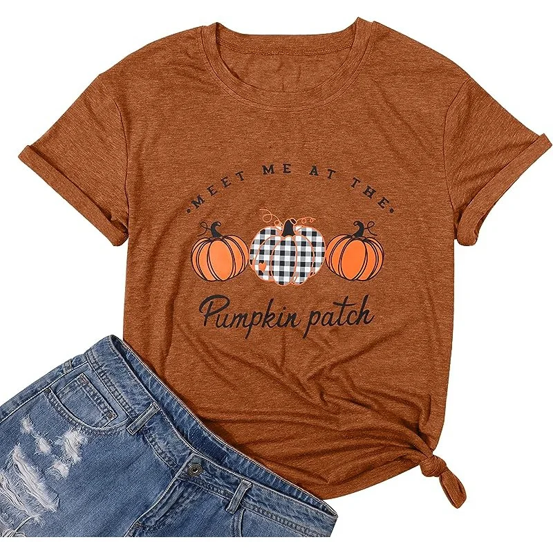 

Meet Me at The Pumpkin Patch T Shirts Women Plaid Pumpkins Print Shirt Cute Graphic Fall Tee Tops