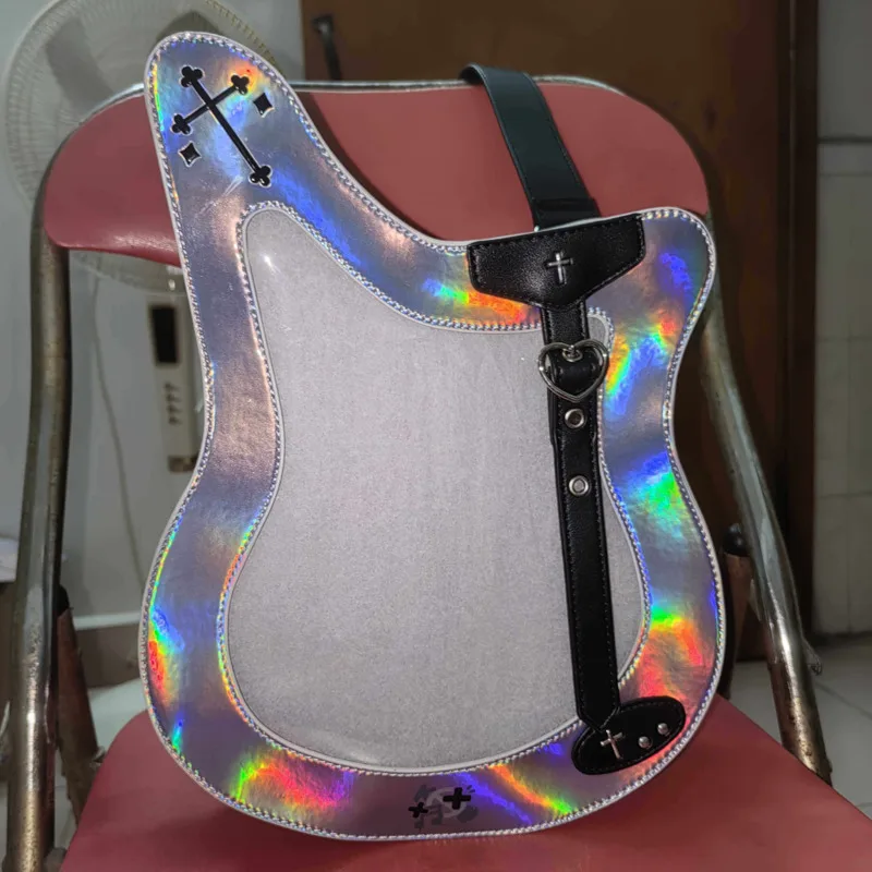 

Bess Anime Laser Crosses Heart One Shoulder Crossbody Bag For Women Y2k Unisex Teens Transparent Trend Sweet Cool Guitar Bag