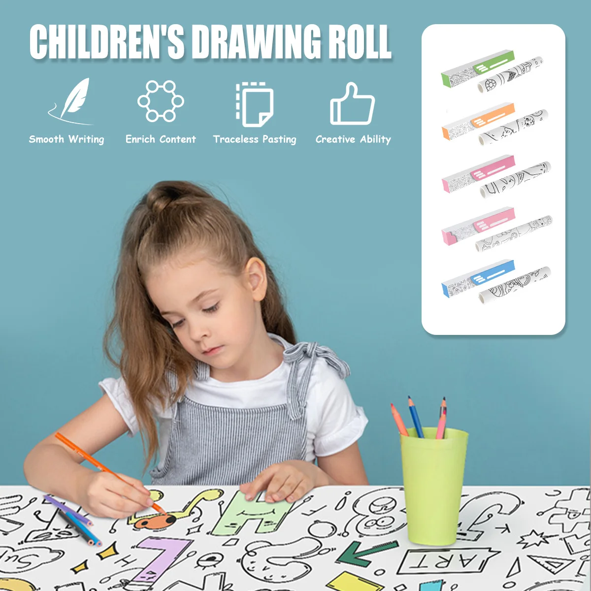 

New Children's Drawing Roll Creative Preschool 300×30cm Stickable Coloring Paper Roll DIY Graffiti Paper Roll Early Educational