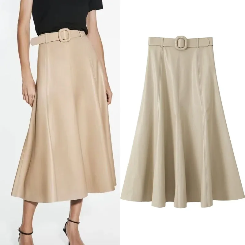 

Юбка-миди трапециевидная из искусственной кожи, с завышенной талией и поясом