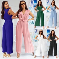 2022 summer sleeveless v neck overalls pleated jumpsuits loose jumpsuits for women rompers lady club