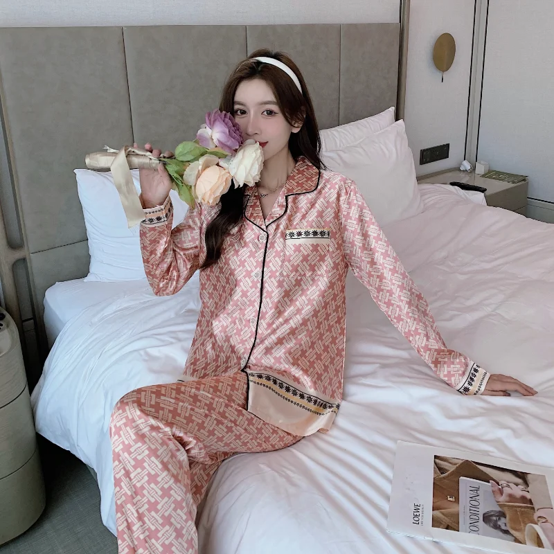 5XL Ice Silk Pajamas Women's Spring and Autumn Long-sleeved Two piece Thin Silk Home Service Silk Sexy Large Size Women's Pajama