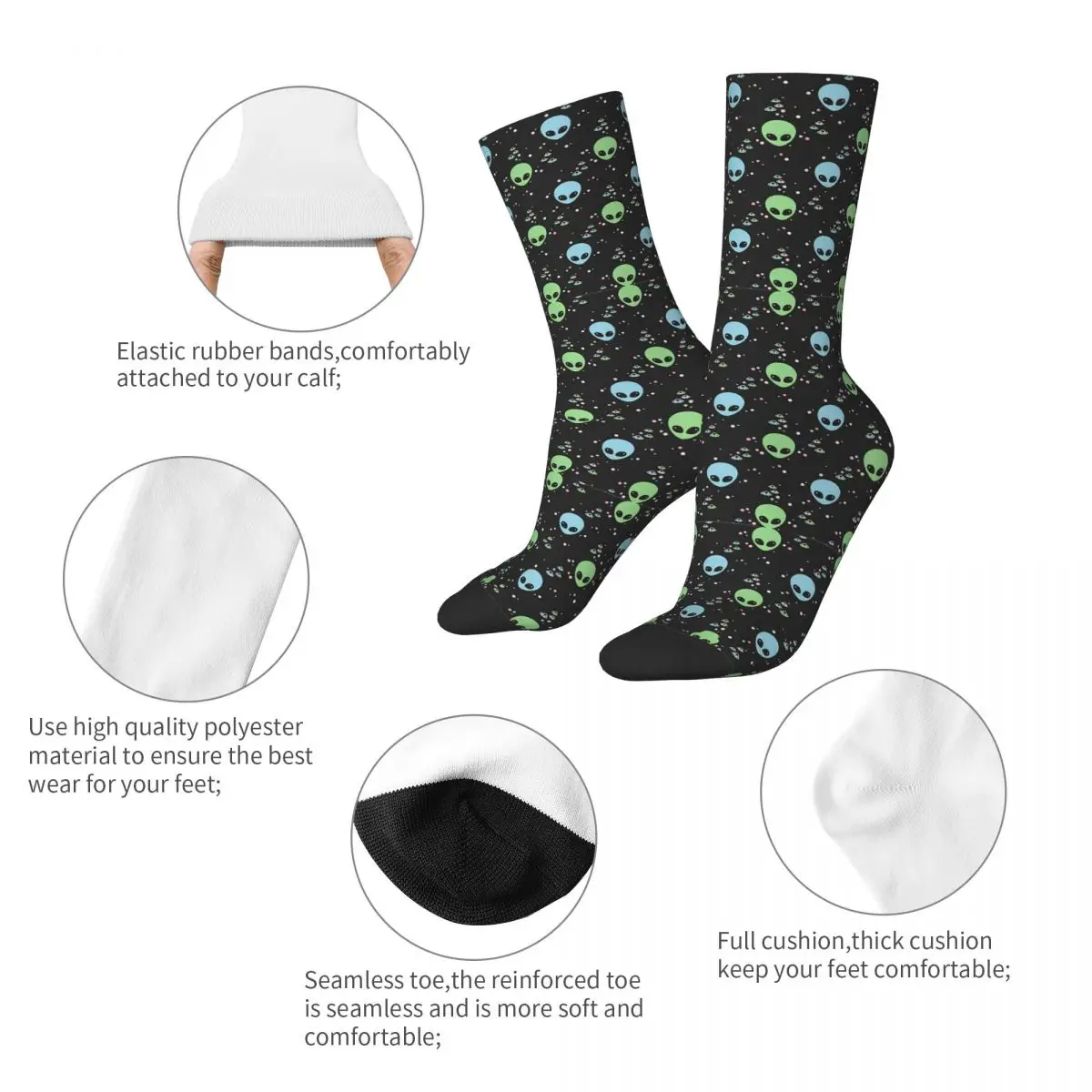 Hip Hop Retro Green Blue Alien Heads With UFOs Crazy Men's Socks Unisex Harajuku Pattern Print Funny Novelty Crew Sock Boys Gift