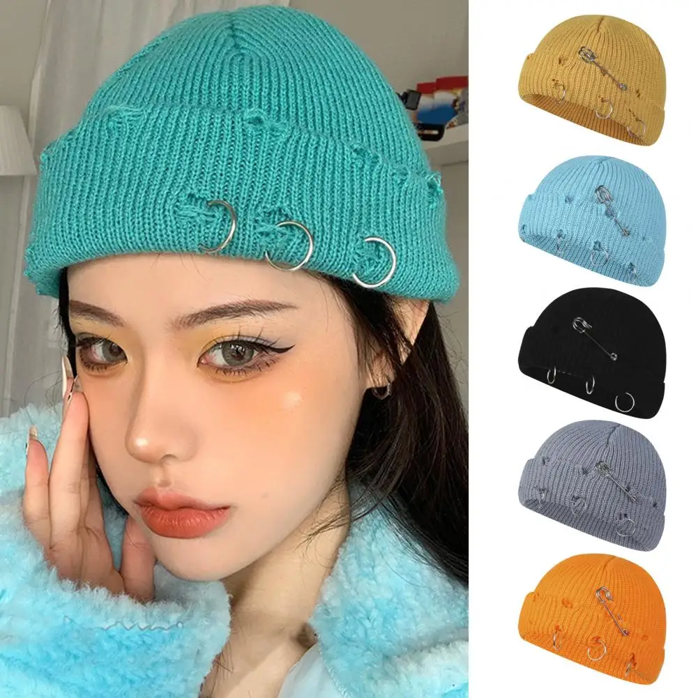 

Trendy Ladies Hat Handmade Knitted Hat Metal Ring Autumn Winter Women Beanie Cap Cold Resistant