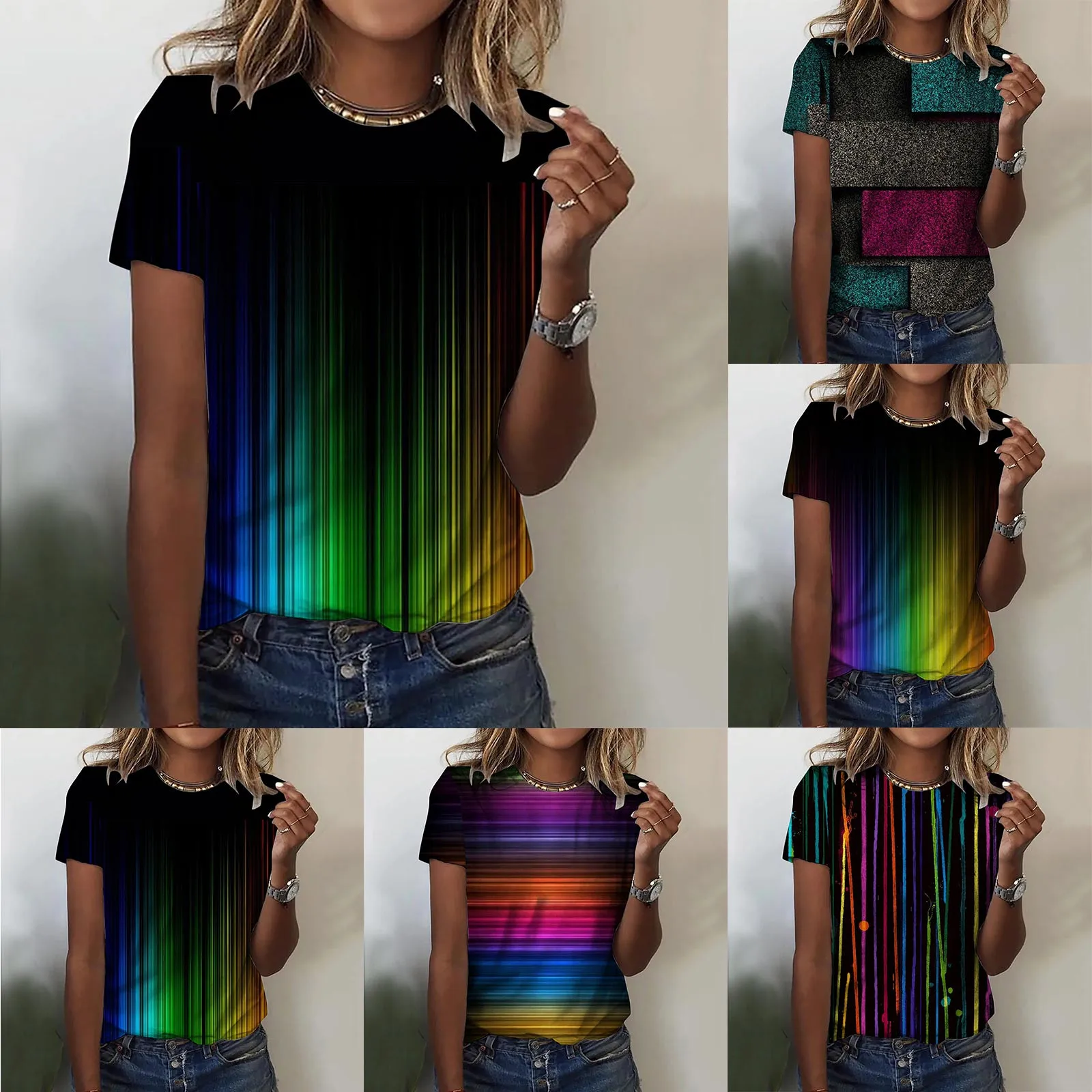 

Womens Daily Gradient Vintage Print O Neck Tops Short Sleeve Round Neck Tee Shirt Printed Gradient Loose Side Plain Tee Shirt