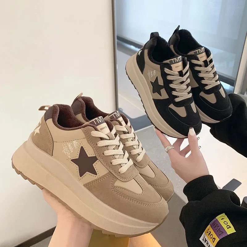 Chic and Elegant Woman Shoes Comfortable Women's Sneaker Winter Velvet Warm Casual Black Luxury Designer Sneakers Loafers Heels