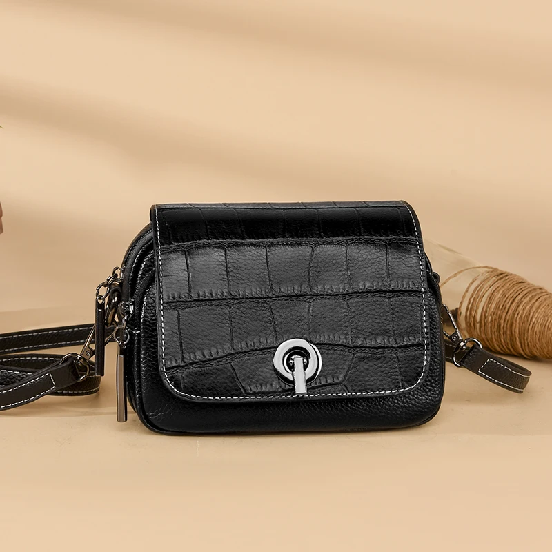 Cowhide Women's Mini Crocodile Pattern Leather Crossbody Bag Fashion Design Sense Leather Shoulder Bag and Purse