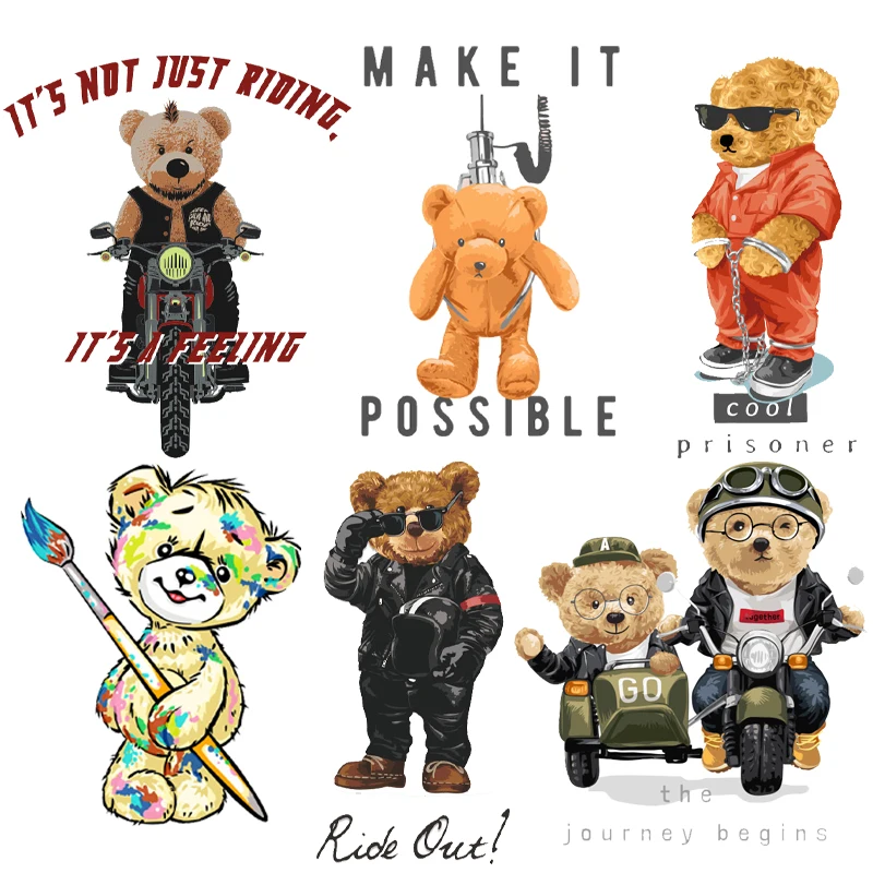 

Cartoon Bear Patch Stripes Biker Bear Iron on Transfers for Clothing Thermoadhesive Patches on Clothes Car Motorcycle Stickers