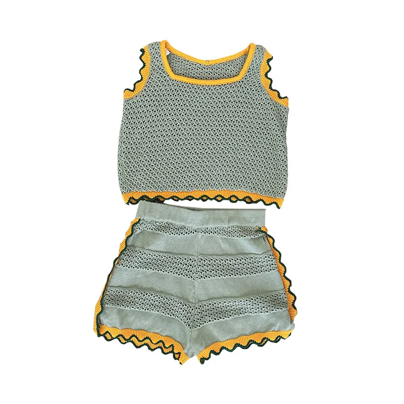 

Korean 2023 Summer Hollow Out Knitted Girls Tank Top Shorts Two Piece Set Children's Clothing Kid Waistcoats Trousers Sets