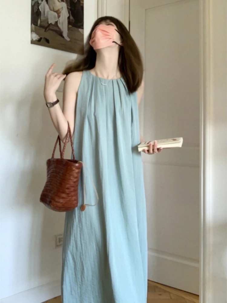 

Женское длинное платье без рукавов, однотонное платье с открытой спиной во французском стиле, модная универсальная одежда, лето 2023