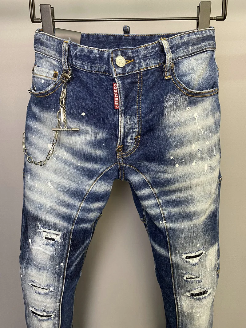 New Men's Dsquared2 Buttons Jeans Ripped For Male Skinny  Pants Men's Denim Trousers Top Quality Slim Jeans A506