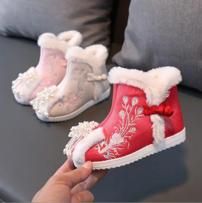 

Children Hanfu Boots Old Beijing Cloth boots Chinese Tradiitional Embroidery Boots Vintage Cotton Short Boots Baby Soft Botas