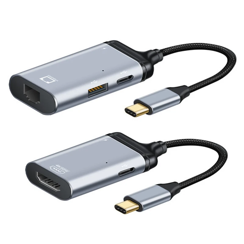 

2Pcs 3 In 1 4K@60Hz Type-C To HDMI-Compatible/RJ45 Gigabit Video Converter Extend PD 100W Fast Charge Data Adapter Cable