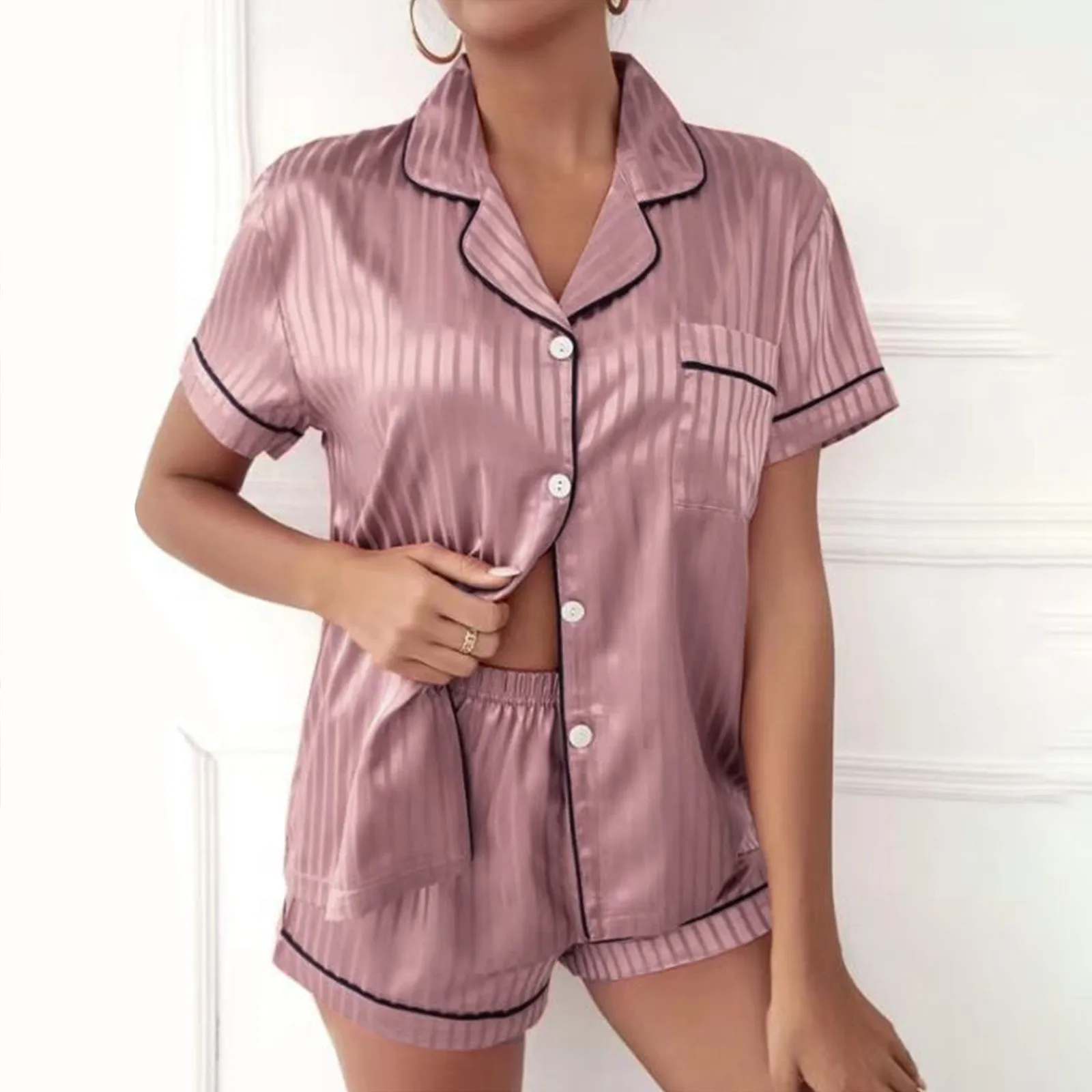 

2023 Women Sleepwear Summer Pajama Set Pink Turn Down Collar Faux Silk Satin Short Sleeve Top+Shorts Female Pijama Homewear Suit