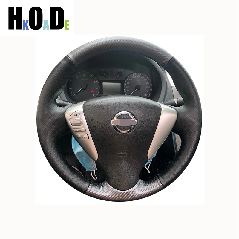 

For Nissan TiidaSylphy 2012-2015 Versa 2015- 17 2018 2019 Versa Note Black Genuine Leather carbon fiber Car Steering Wheel Cover