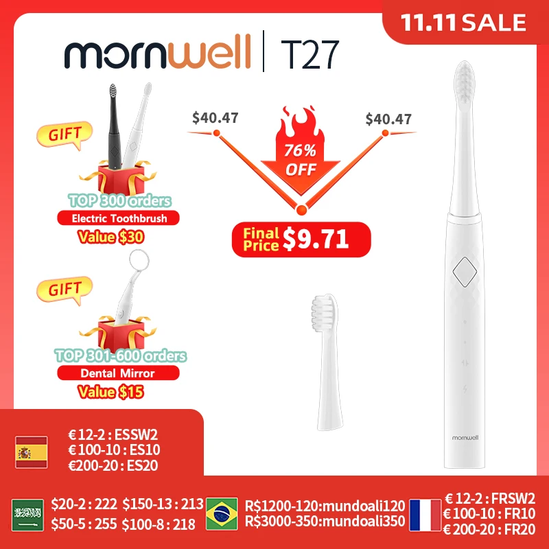 

Электрическая зубная щетка Mornwell Sonic 360 модернизированная база Водонепроницаемая с 4 сменными головками USB перезаряжаемая