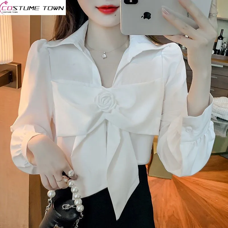 2023 Spring and Autumn New French Style Unique Temperament Celebrity Bow Polo Neck Long Sleeve Women's Chiffon Shirt Top
