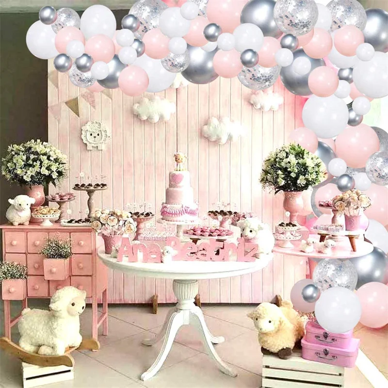 

100pcs Silver Pink Balloon Garland Arch Kit Confetti Metallic Latex Balloons for Girls Baby Shower Birthday Party Wedding Decor