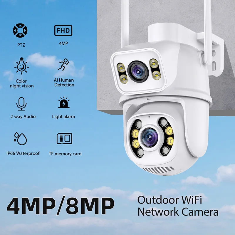 

Dual Lens Wifi Survalance Camera Color Night Vision Home Security Survalance Camera Bluetooth Connection Outdoor Waterproof