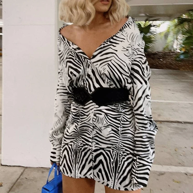 

Women Bodycon Dress Autumn Goth Streetwear Zebra Pattern Long Sleeve Button Down Lapel Dresses Fashion Party Clothing Female