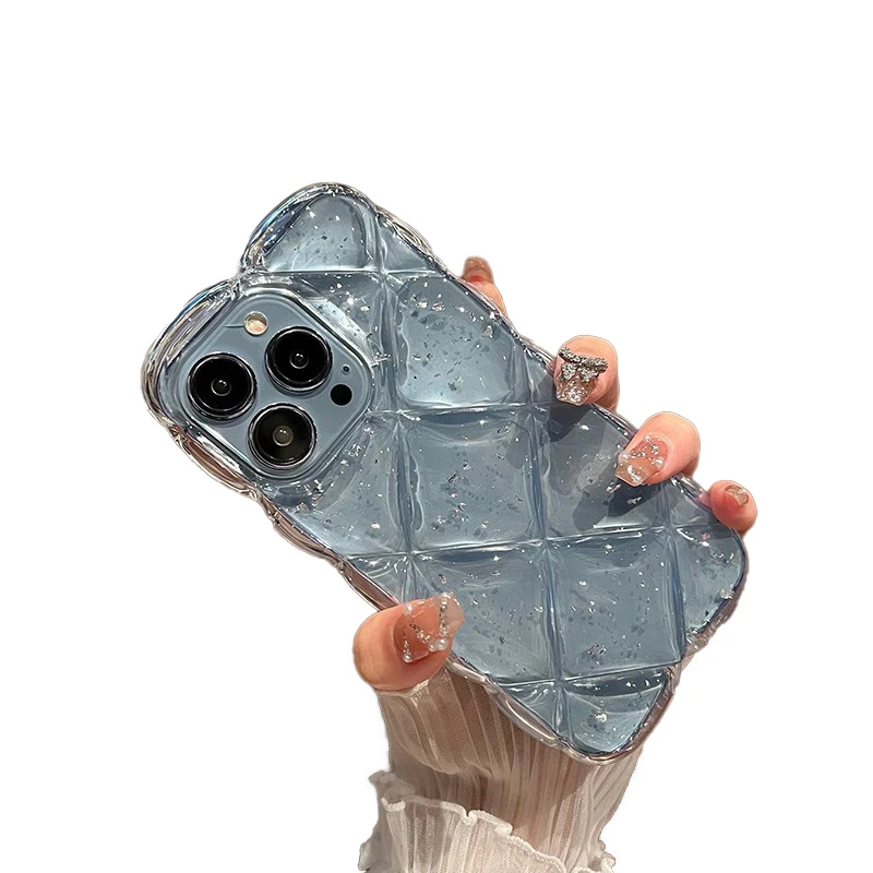 

Stereo Diamond Lattice Silicone Soft Phone Case For Iphone 11 12 13 14 Pro Max X Xr Xs Max Women'S Clear Silver Foil Phone Cover