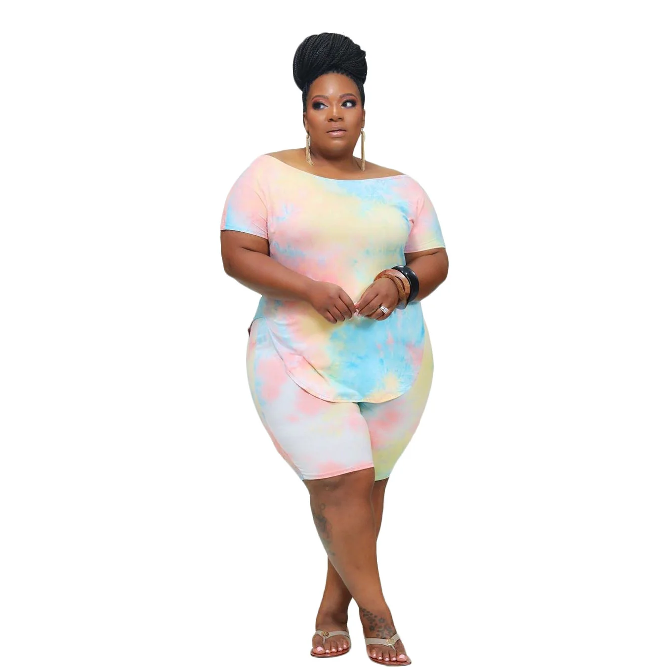 Plus Size Women Clothing Two Piece Set Summer Fashion Casual Tie Dye Printing Short Sleeve Loose 3xl 4xl 5xl 6xl