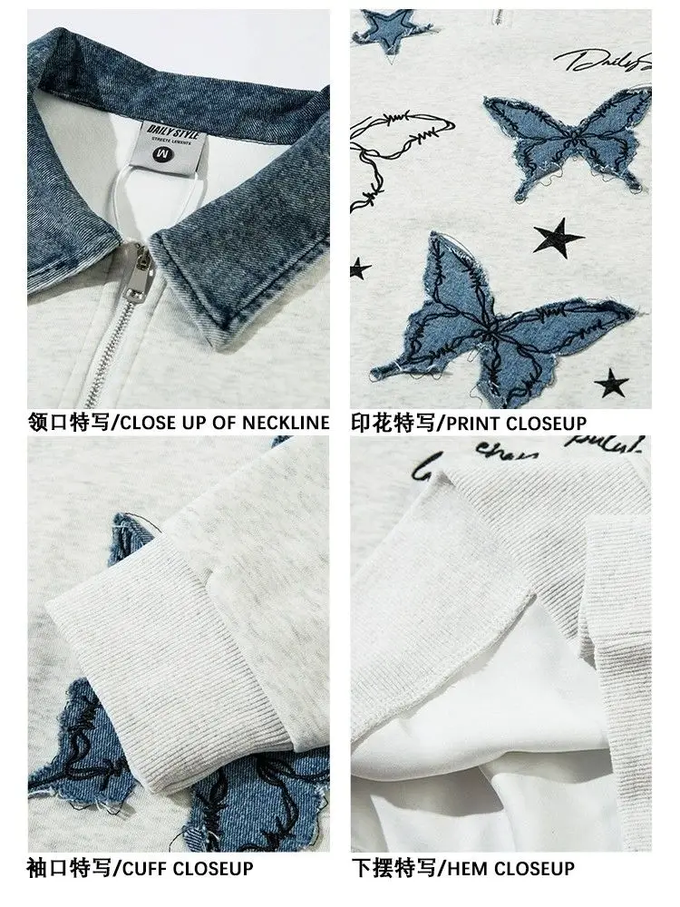 Американский джинсовый свитшот с нашивкой-бабочкой и вышивкой на полумолнии