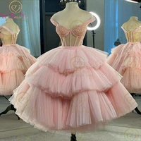 pink prom dresses 2022 ball gown transparent beaded tea length evening gowns off the shoulder tiered party woman formal party