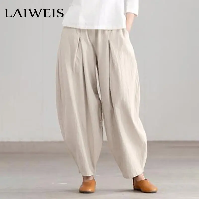 

LAIWEIS Women Cotton Linen Harem Pants Summer Cool Casual Trousers Harajuku Natural Color Sarouel 2022 New