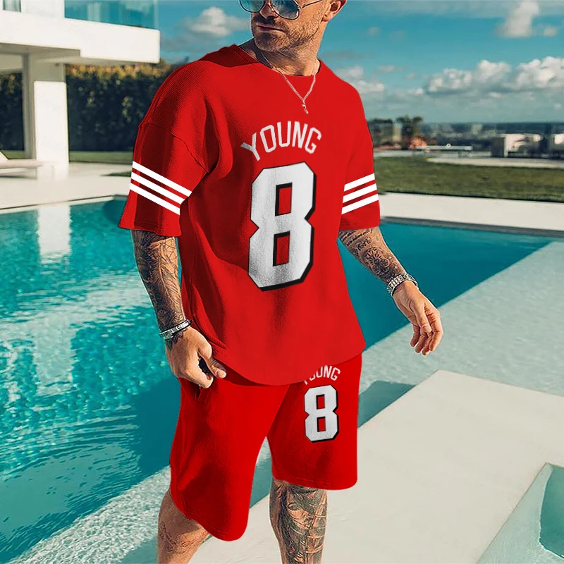 Spring Summer Men's Oversized T-Shirt Sportswear Red Style Basketball Number 3D Printing Two Piece Men's Short Sleeve Shorts