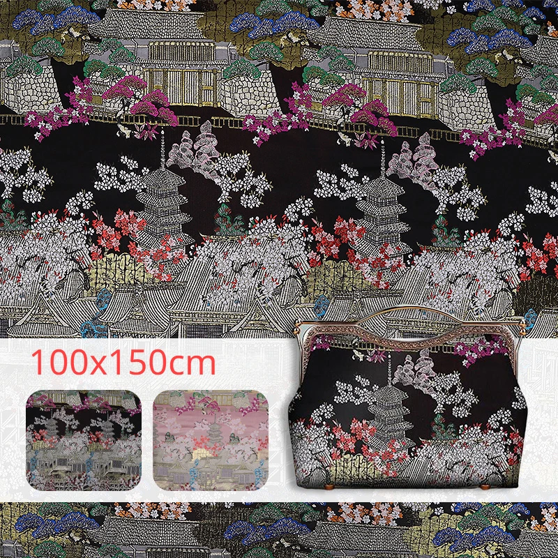 

100x150cm Japanese Style Brocade Fabric Oriental Pagoda Sakura Jacquard Fabric for DIY Sewing Kimono Clothes Patchwork Material