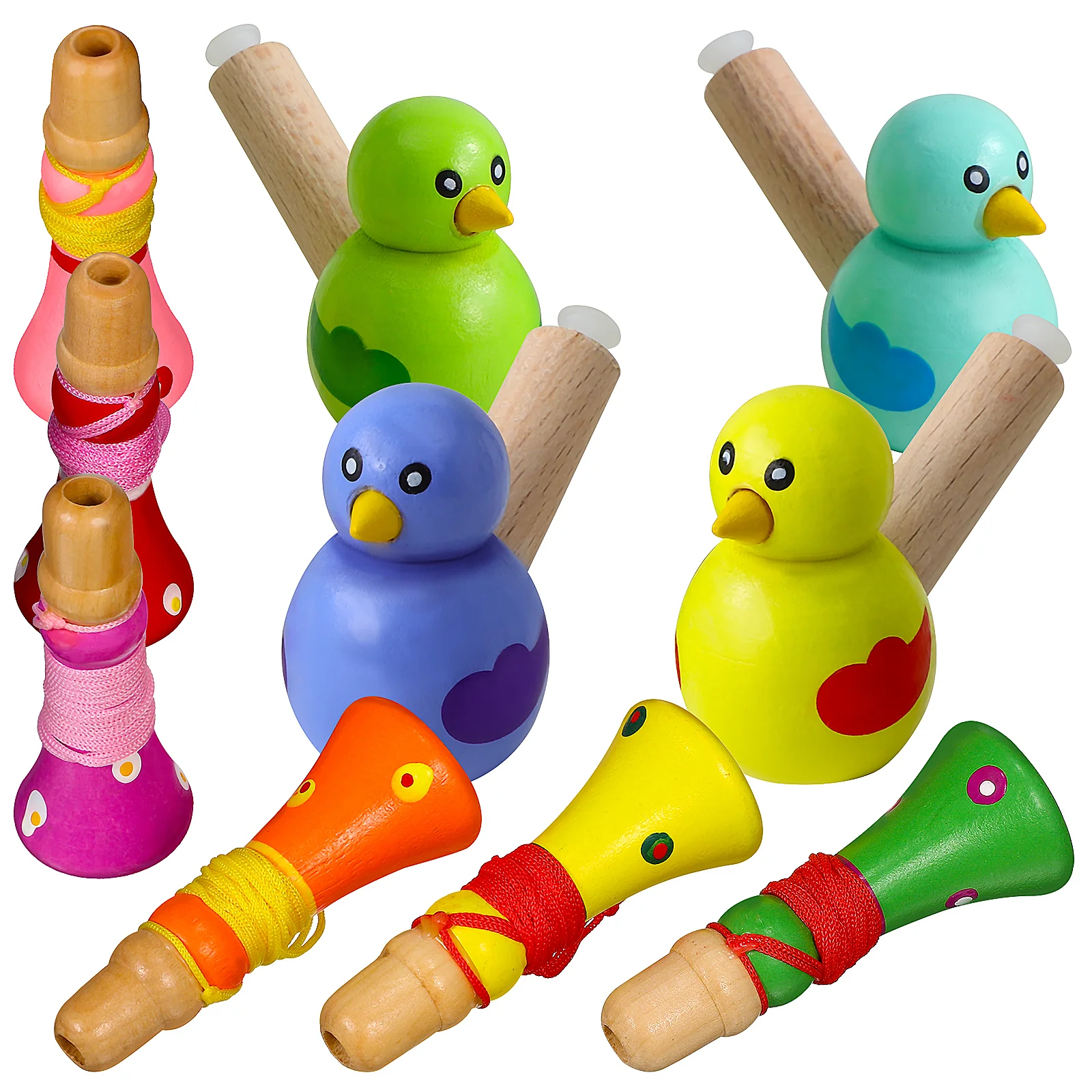 

4 Pcs Wood Bird Whistles Animal Whistles Toys with 6 Pcs Wooden Trumpet Toys Toddler Kids Educational Musical Toys