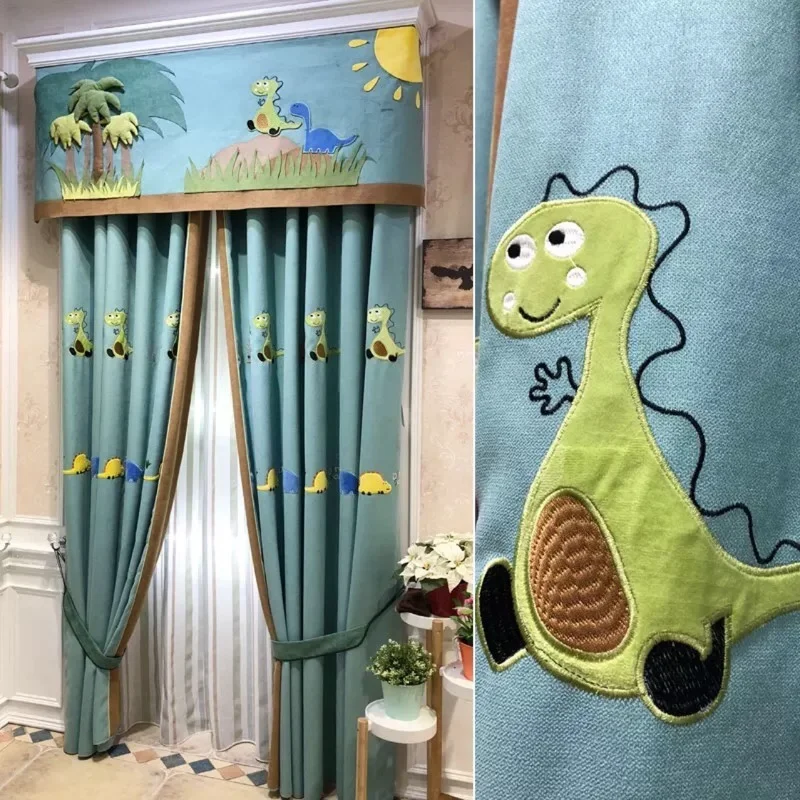 Cute Cartoon Dinosaur 3D Embroidery Blackout Curtain Children's Bedroom  Cortinas Para La Sala