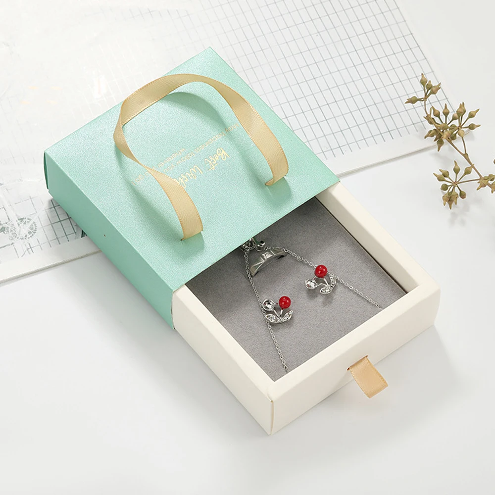 24pcs Light Green Paper Jewelry Handle Drawer Box with Grey Sponge Ring Earring Container Handmade Packaging DIY Cardboard Case