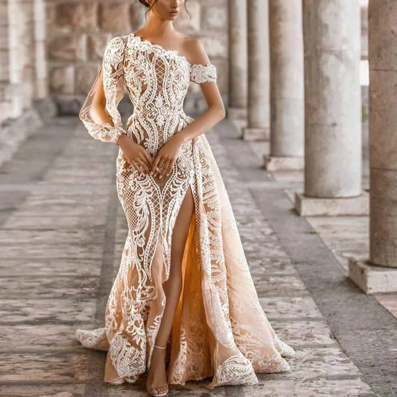 

Graceful Lace Wedding Dresses Champagne One Shoulder Thigh Slits Mermaid Bridal Gowns Long Sleeve Vestidos De Novia Morocco 2023