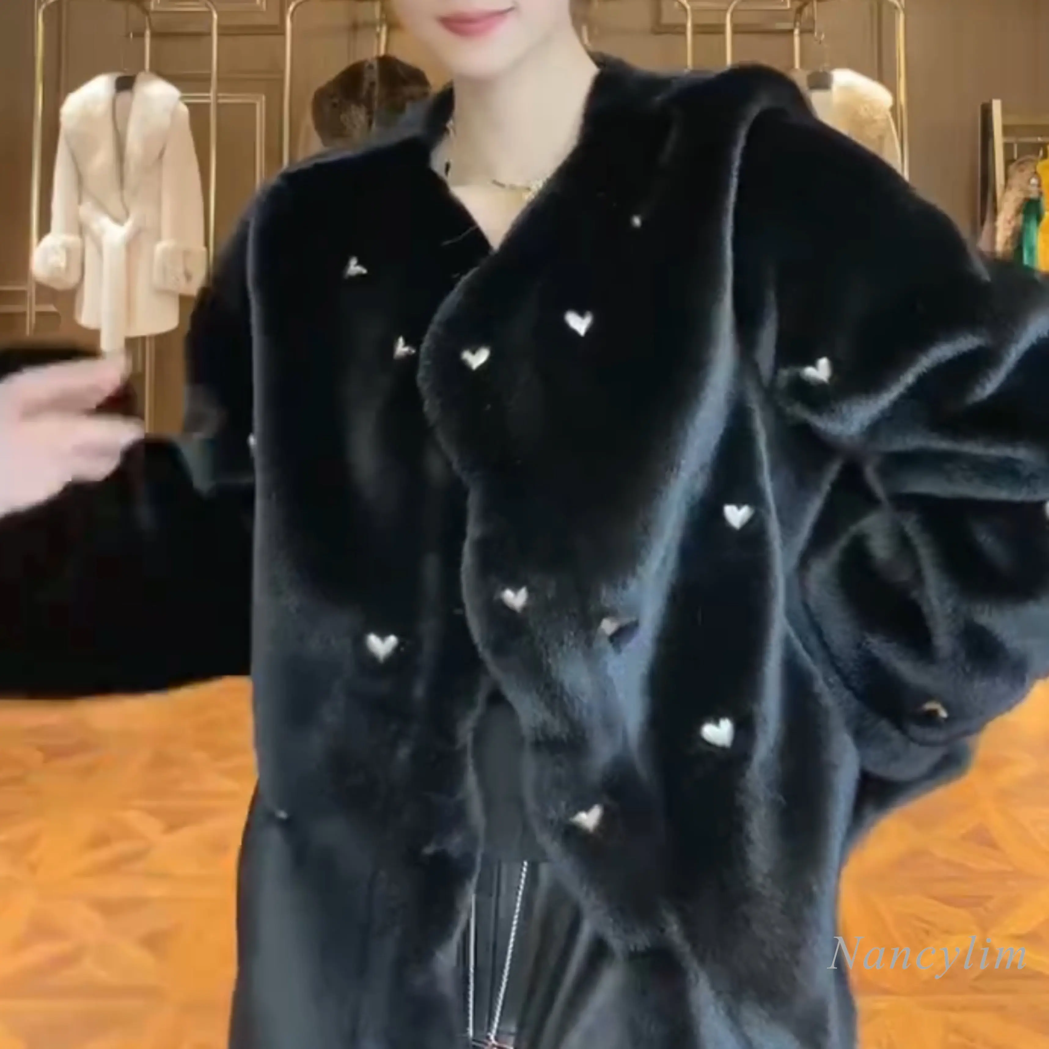 European Style Fur Coat Women Winter Long Sleeve Double Face Wool Warm Heavy Embroidery Sequins Faux Fur Jacket