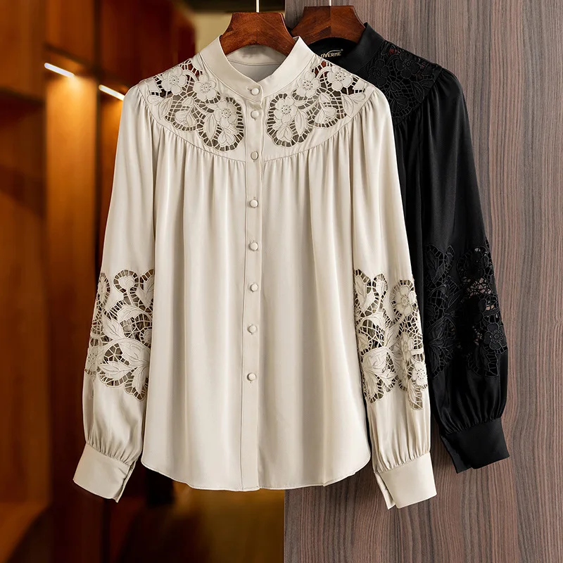 Silk shirt women's 2022 spring new hollow embroidery stand collar loose long-sleeved mulberry silk top   Chiffon