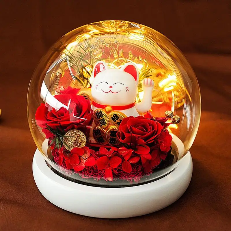 

1pc Christmas Glass Shade Preserved Flower Rose Flower Bouquet Cat Adornment