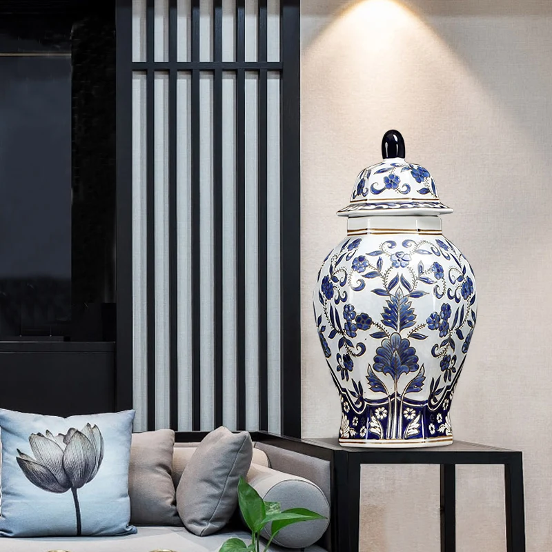 Винтажная Имбирная банка синяя белая Цветочная китайская ваза с крышкой