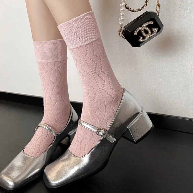 Mitu ballet style openwork socks Gentle cream cotton socks children Summer thin Japanese medium barrel stack socks