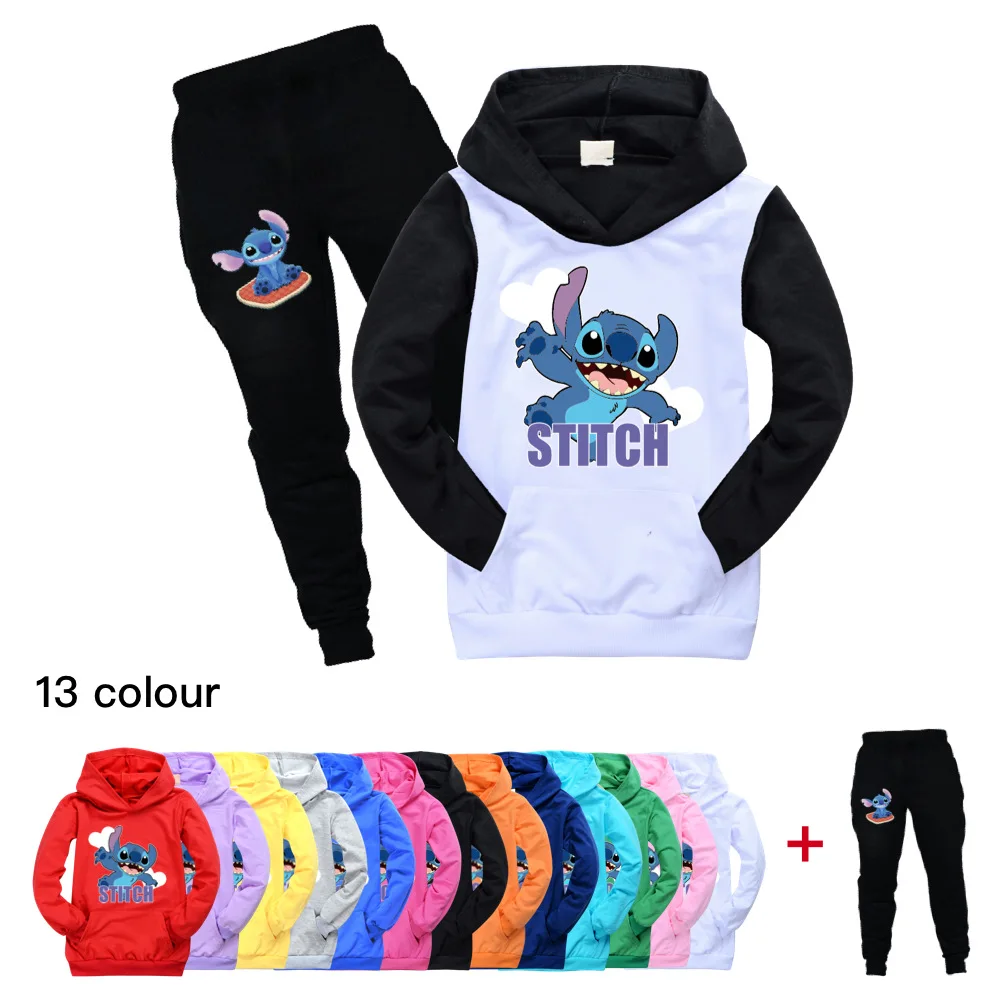 

Autumn Disney Stitch Girl's Sets Tracksuits Full Sleeve Hoodied Sweatshirt Black Pants Suit Two Piece Sets Outfits Sweatsuit