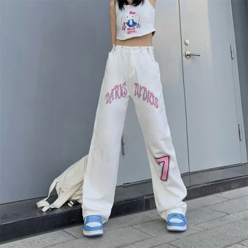 

NSMW MI American High Street Style Tide Brand Pants Retro Street Star Print Washed Denim Trousers Women's Straight Pants Female