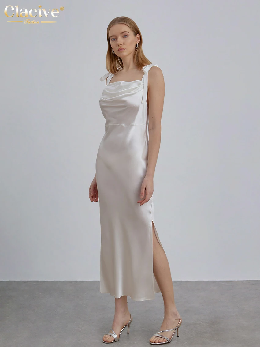 

Clacive Women Strap Satin White Dress Ladies Summer Bodycon Sleeveless Slit Midi Dress Elegant Slim Silky Female Party Dresses