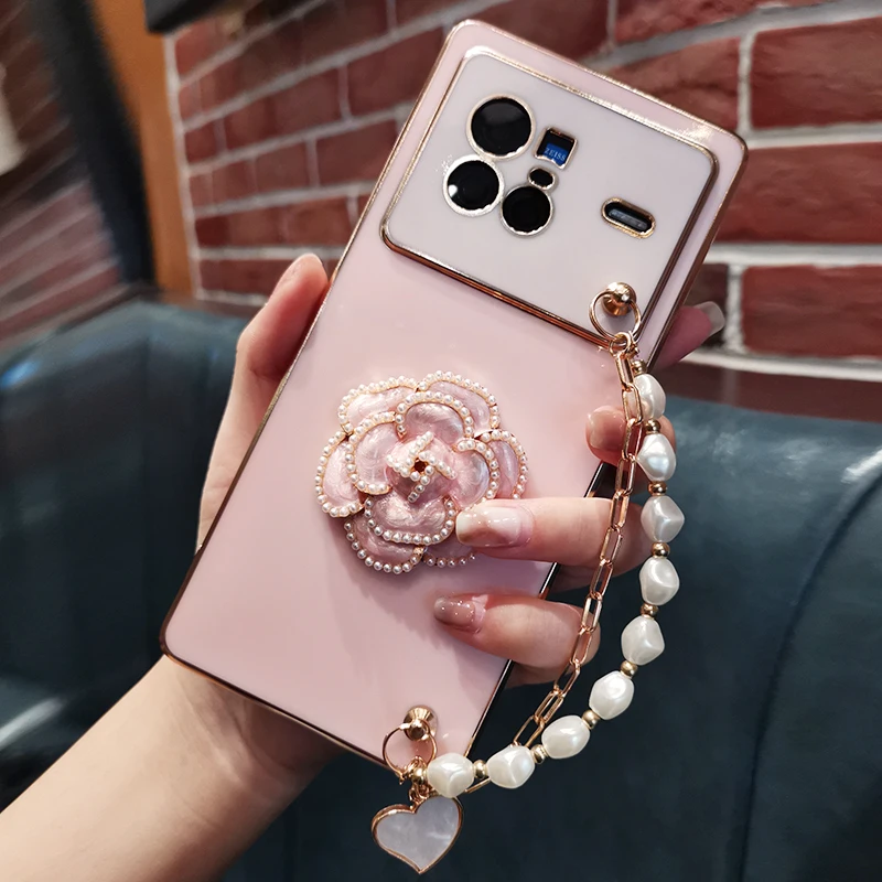 

Phone Case Lens All Inclusive for Vivo X80 Camellia Rhinestone Case for Vivo X80 Pro Diamond Pattern Soft Shell Bracelet Case