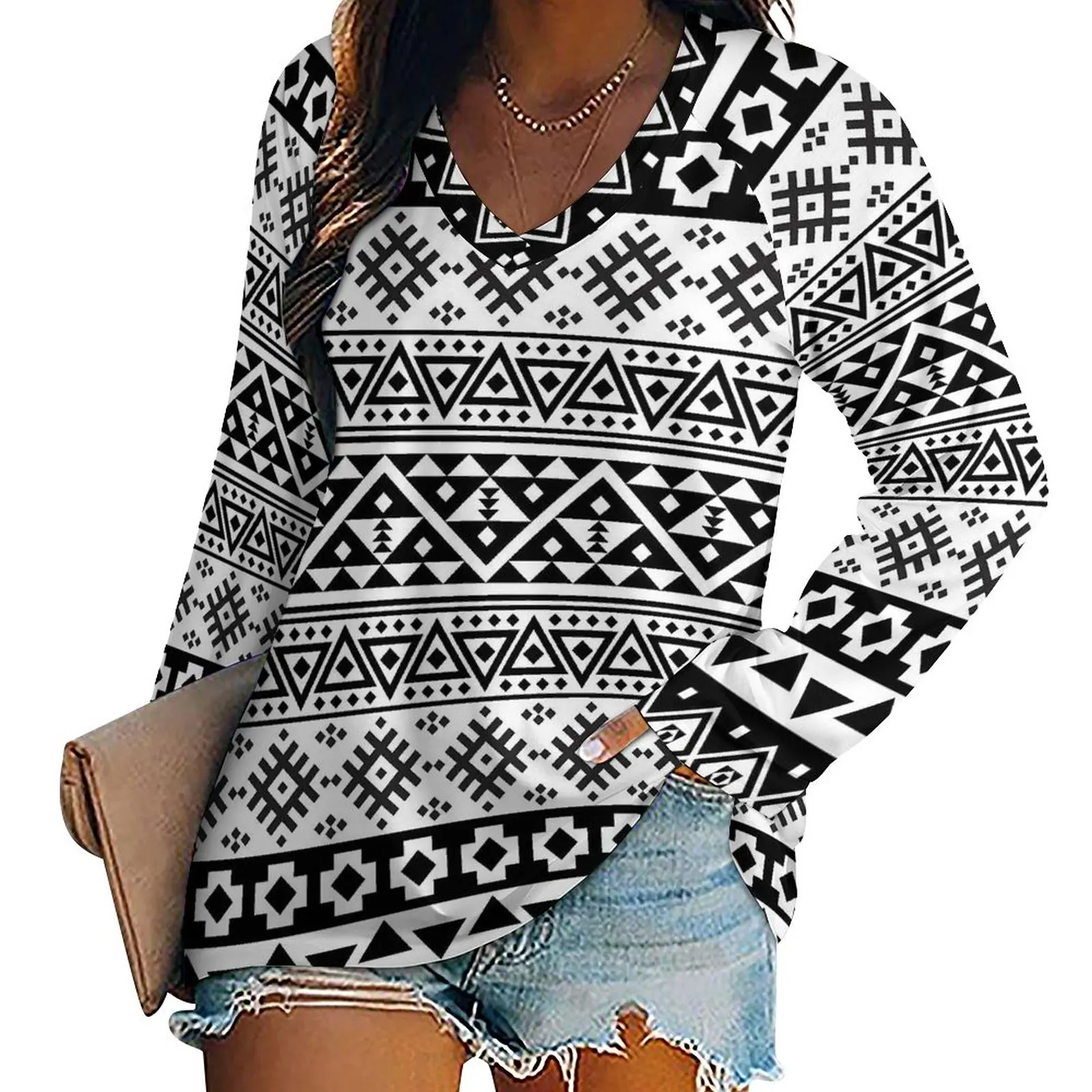

Футболка женская с длинным рукавом, Модный корейский стиль, с геометрическим принтом, рубашка с современным дизайном, Одежда большого размера, цвет черный/белый