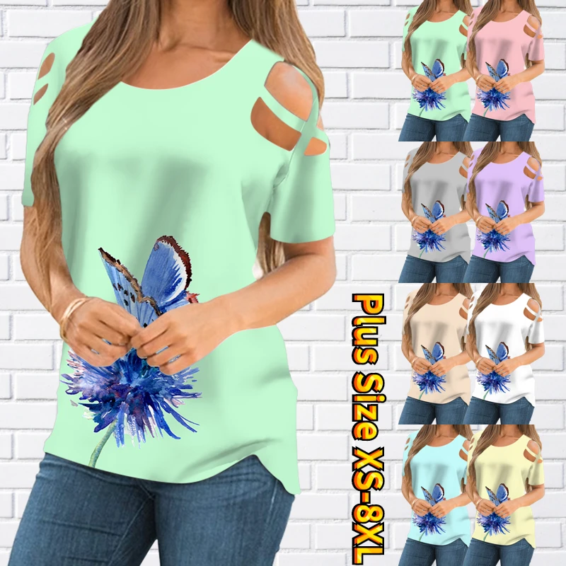 

Elegant New Design Printing Tee Summer Women's Fashion Casual Short Sleeve Off-the-shoulder Oversized Top Round Neck T-shirt