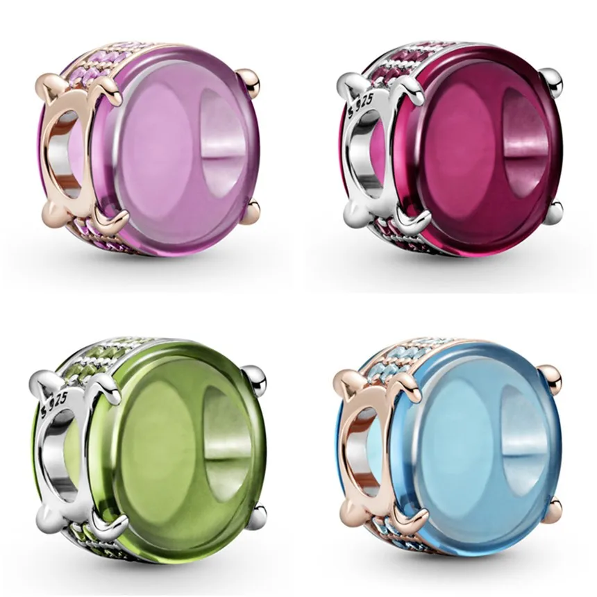 

Original Colours Fuchsia Rose Oval Cabochon Beads Charm Fit Pandora Women 925 Sterling Silver Bracelet Bangle Jewelry