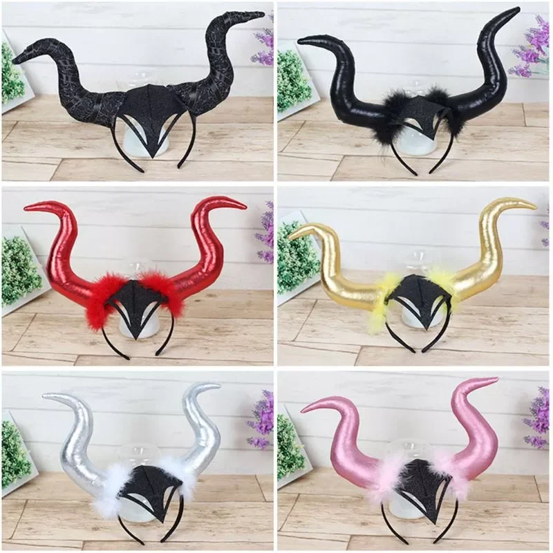 

Halloween Long Demon Ox Horn Headband Evil Queen Glitter Hair Hoop Cosplay Costume Magic Witch Headpiece Accessory for Women Gir