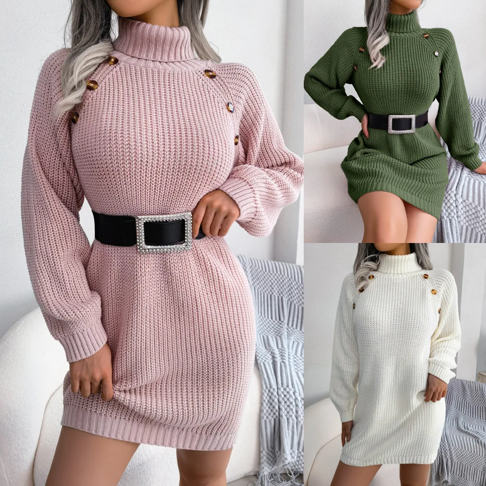 High Quaility Women Sweater Dress Casual Button High Neck Long-Sleeved Bottomed Wool Dress Streetwear