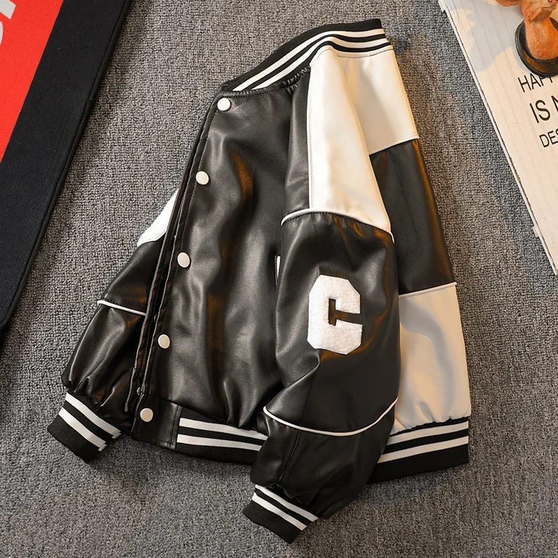 Old Colorblock Boys Crew Neck Pu Coat For Kids Loose Bomber Jackets 4-12 Yrs